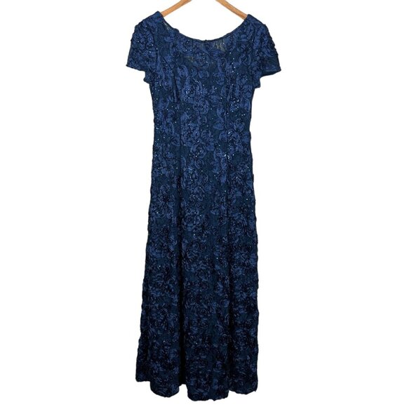 Alex Evenings‎ Gown Dress Womens 8 Navy Blue Rosette Lace Sequin New Years Event - Picture 1 of 16